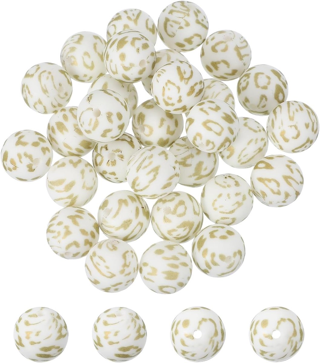 Kralen, 15 mm ronde luipaardkralen voor kralen sleutelhanger maken doe-het-zelf ambachten armbanden kralen pen sieraden maken benodigdheden, wit goud luipaard