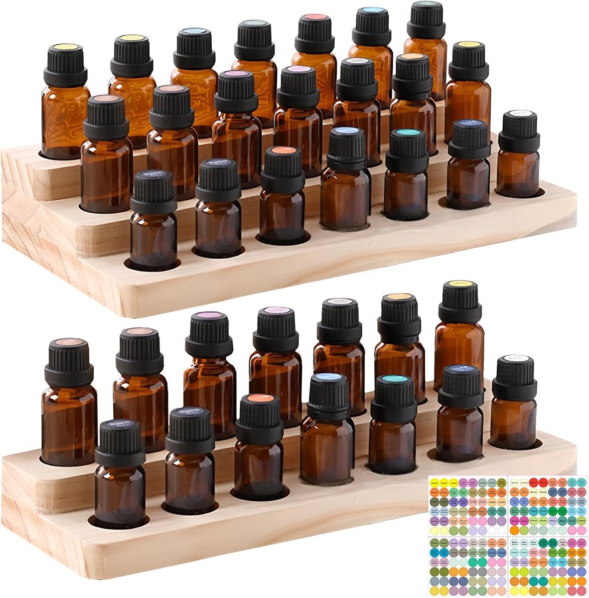 2 etherische oliëndisplay standaard: aromatherapie oliën houten draagframe, dubbellaagse opbergdoos voor etherische oliën, etherische oliën, nagellak (21 gaten + 14 gaten)