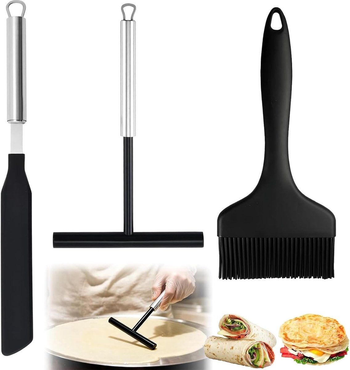 3 stuks pannenkoekenverdeler, roestvrij staal, pannenkoekenspatel, kookkwast en pannenkoeken, deegverdeler, T-vorm voor pannenkoekenmaker, accessoires, keuken, bakken, koken bakgereedschap