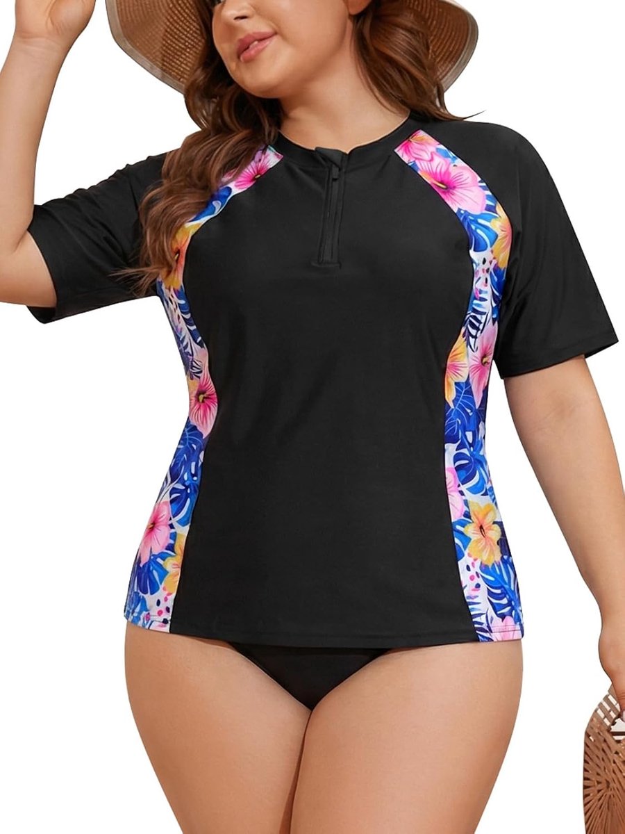 Dames Plussize Rash Guard korte mouwen met kwart ritssluiting badpak bovendeel