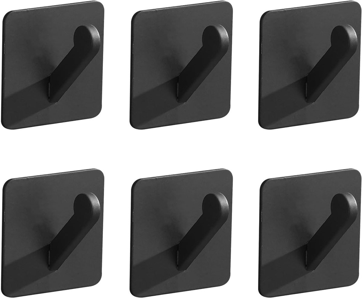 Zelfklevende haken zwart roestvrij staal 4,5 x 4,4 cm, muur badkamer keuken zonder boren haken, modern (6) | Robuust roestvrij staal, ideaal voor badkamer, keuken, entree, sterke bevestiging en eenvoudige installatie