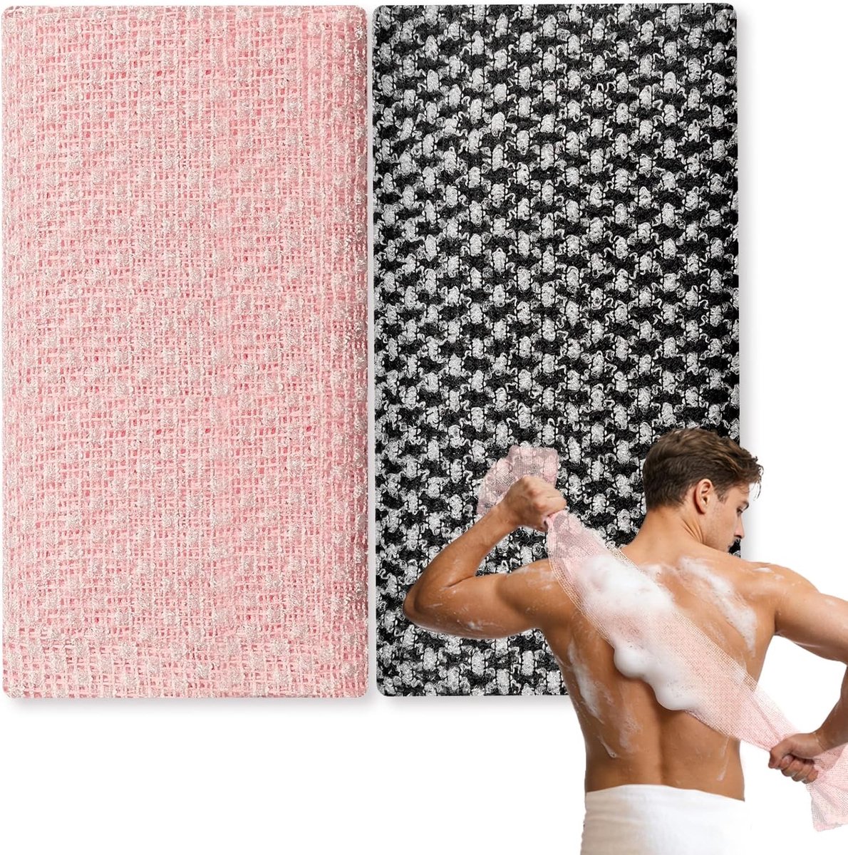 2 stuks exfoliërende douchehanddoek | Lange netachtige douchedoek | Lichaamsexfoliator voor dode huidcellen | Rugschuurder voor mannen en vrouwen, Zwart Roze