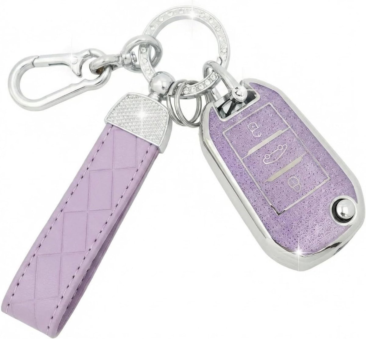 Autosleutelhoesje met Leren Sleutelhanger Compatibel met Peugeot 208 308 508 2008 3008 Rifter Citroen C3 C4 Cactus Berlingo Picasso Xsara Jumpy，Autosleutel Behuizing - Flip Key(Paars)