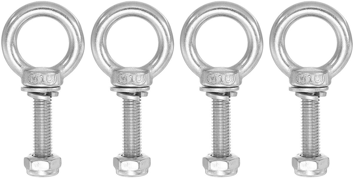 Ringoogschroeven, M10x35 buitendraad roestvrij staal 304 met afdichting zeskantmoer platte sluitringen voor het ophangen van metalen touwketting, 4 sets