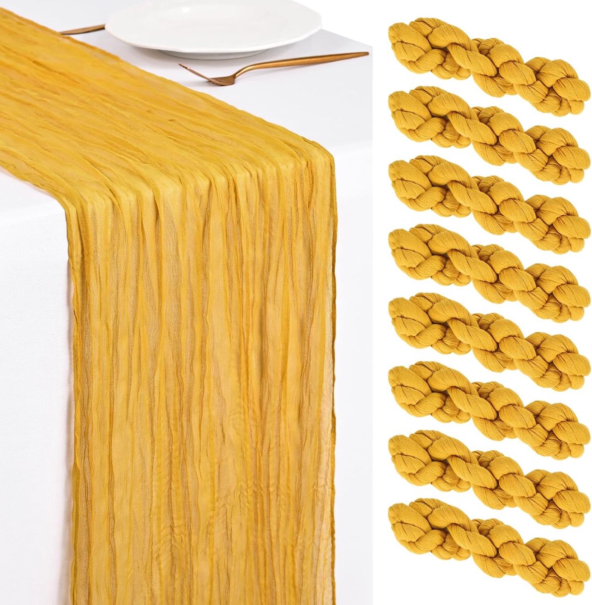 8 Pack Goud Kaasdoek Tafelloper 45x275cm Boho Gaas Kaasdoek Tafelloper Wasbaar Romantische Rustieke Tafeldecoratie Voor Bruiloft Feest Verjaardag Vakantiehuis