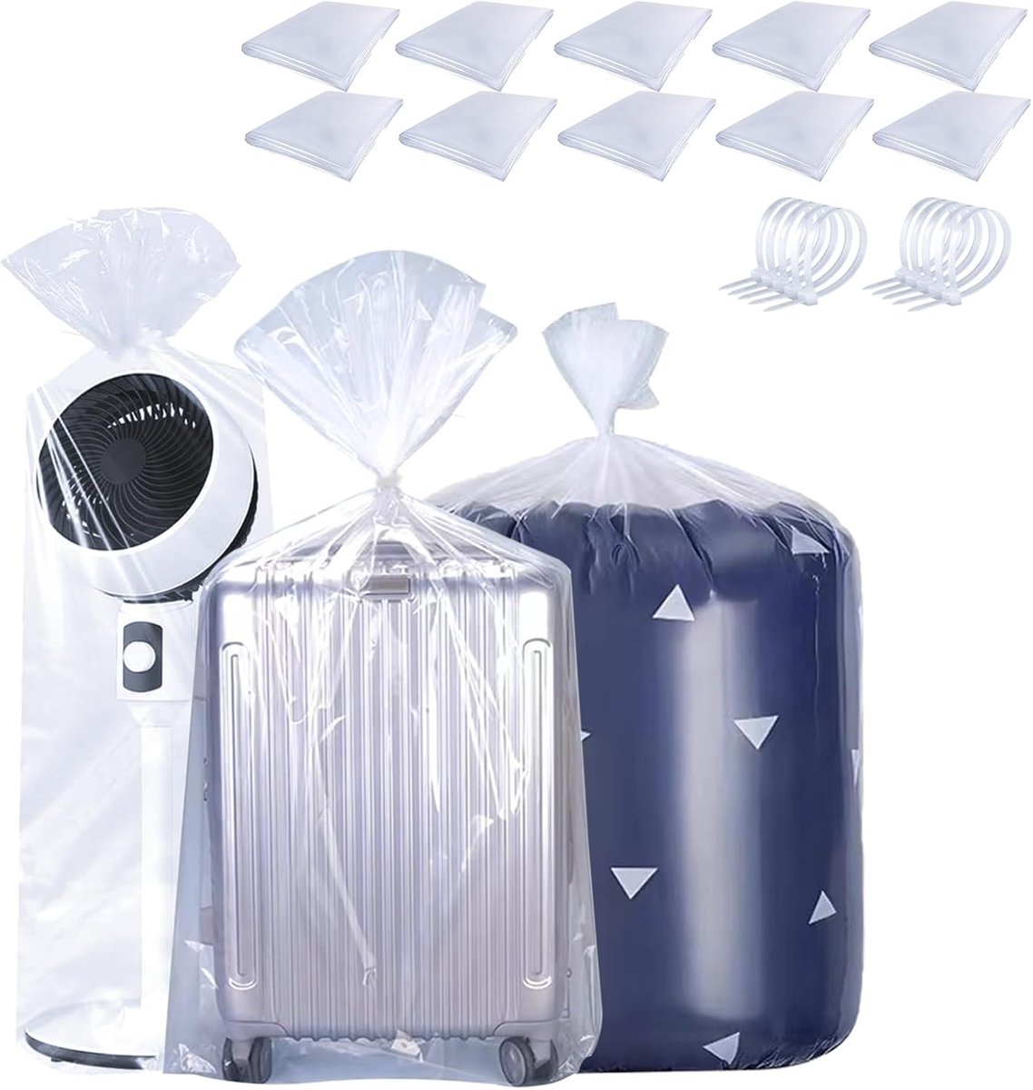 grote doorzichtige plastic zakken 100 x 120 cm, 10 stuks waterdichte jumbo-opbergzakken, 100 μm zware tassen met 10 kabelbinders voor loft, bagage, koffer, dekbed, stoel, speelgoed,