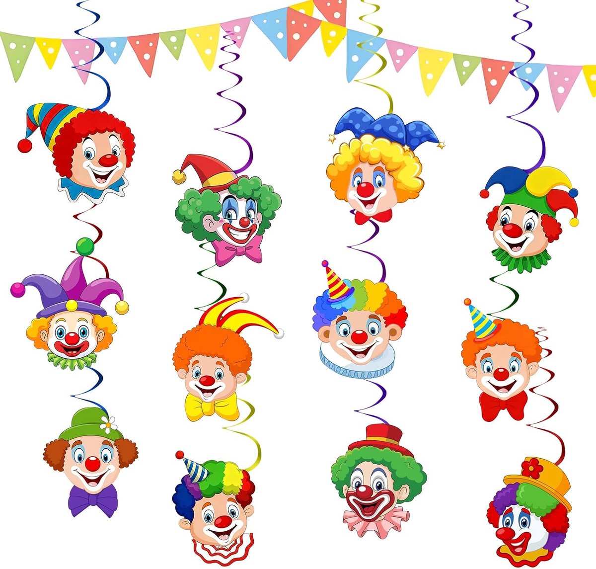 Slingers, clownslingers, carnavalsslingers, spiraalslingers met clownpatroon, clownslinger voor carnaval, feesten, carnavalsdecoratie
