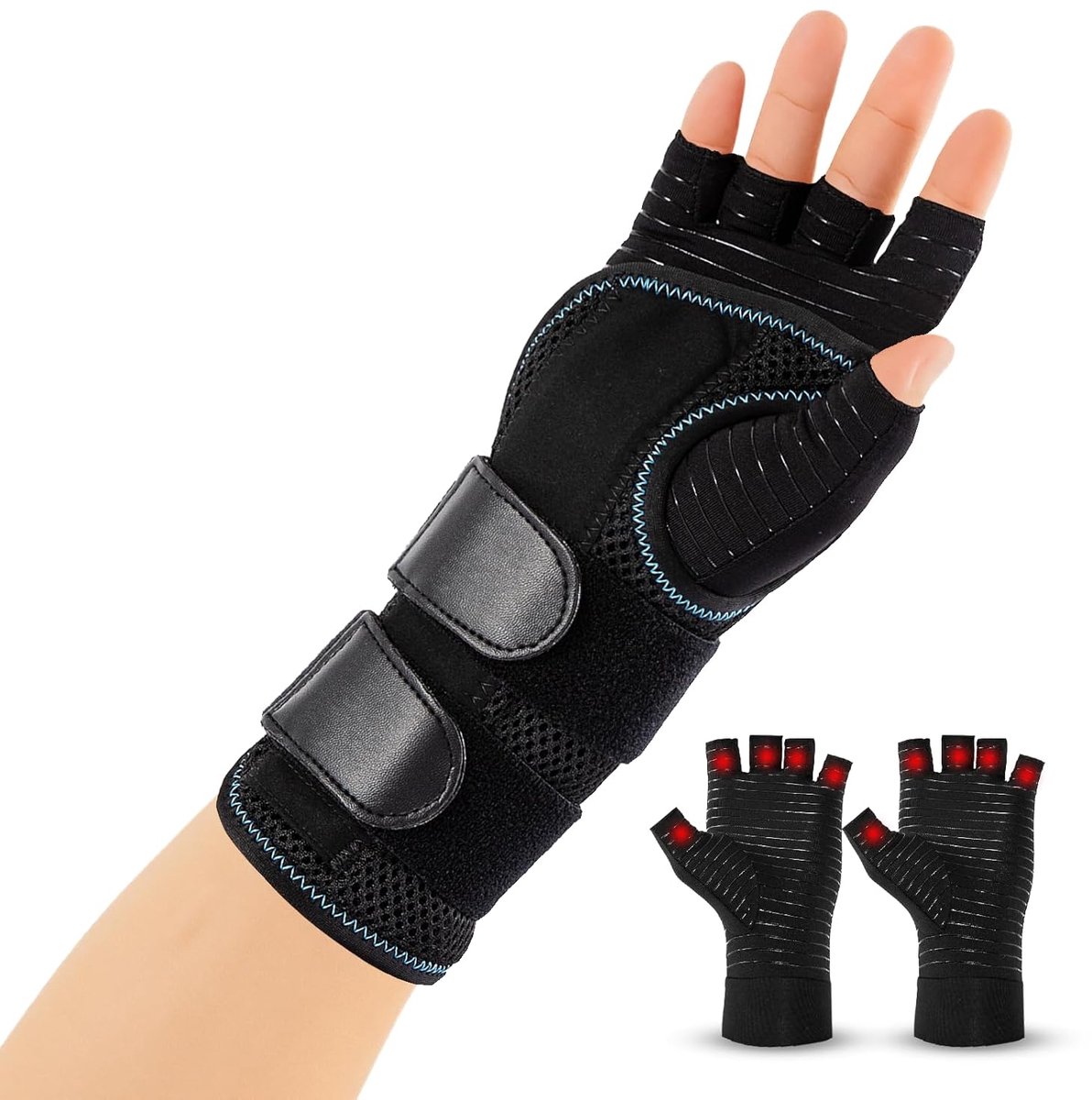 1 x orthopedische polsbandage met 3 metalen rails en 1 paar artritis-handschoenen, verstelbare polsbandage peesontsteking, carpale tunnelbandage rechts, L