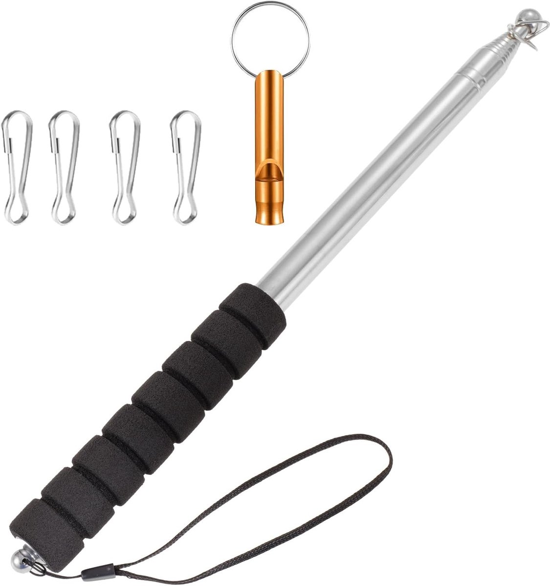 2,5 meter telescopische vlaggenstang, draagbare telescopische vlaggenstang van roestvrij staal met antislip handgreep, clip en opvouwbare wijsstang voor camping, reisgids, feesten (zwart)