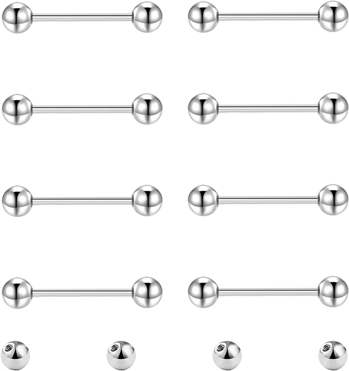 8 stuks tongtepelstangen en 4 stuks vervangende ballen 14G roestvrij staal metalen rechte barbell piercing sieraden zilver zwart 8/10/12/14/16/18/20mm