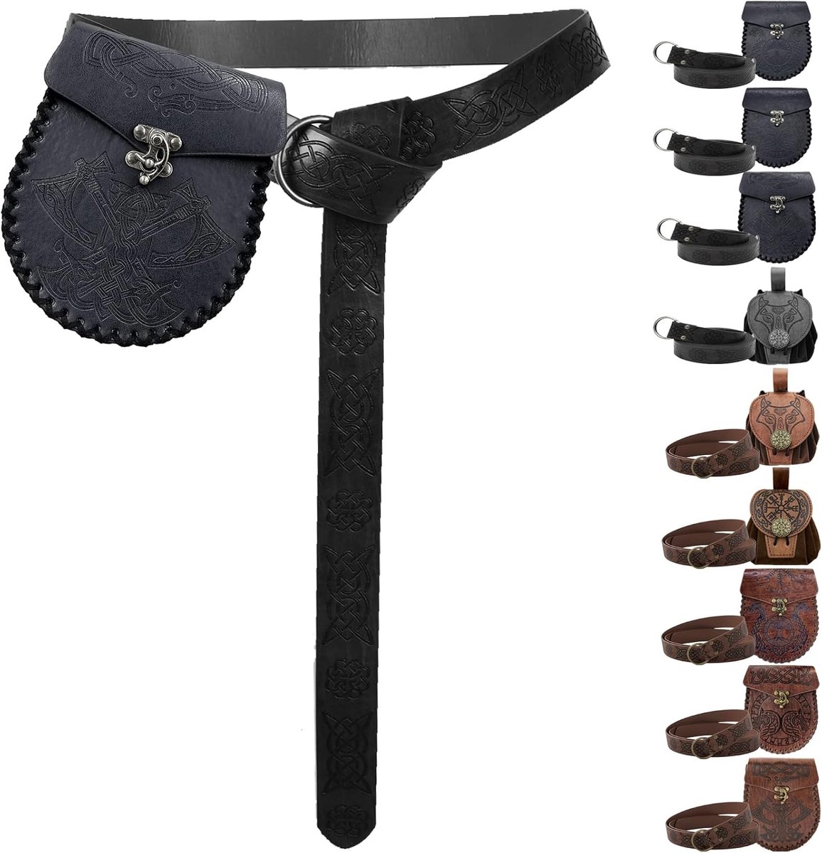 Tas met reliëf, middeleeuwse riem en middeleeuwse riemtas, Vikingriem geschikt voor Viking, piraten, tovenaars, ridders, renaissance-kostuum, Zwarte bijl, Eén maat