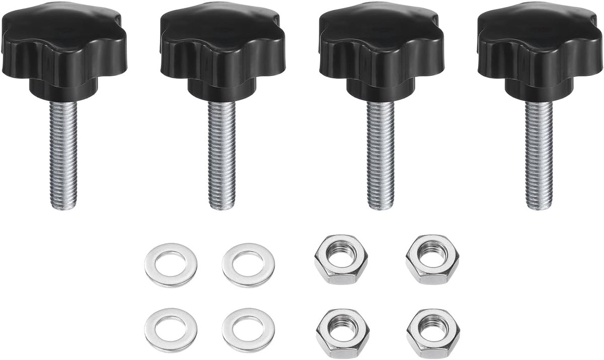 4 stuks kartelschroeven stergreepmoer M10 x 45 mm metrisch verzinkt koolstofstaal 48 mm kartelmoer 6-sterren kunststof pen handknoppen handgrepen duimschroeven