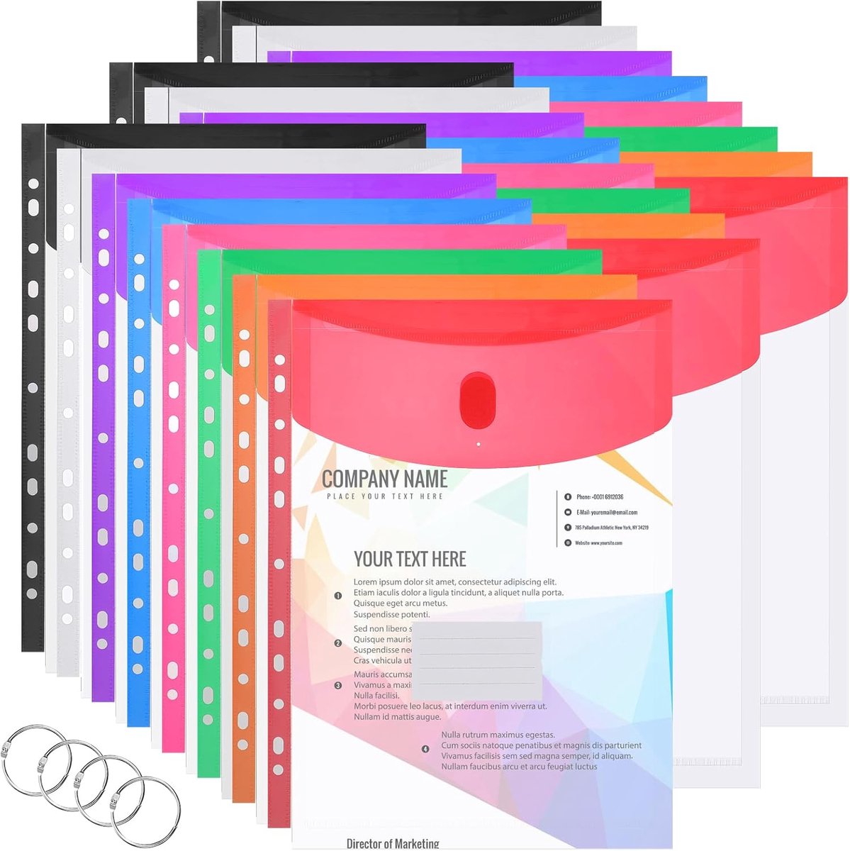 24 stuks documentenvakken, A4, documentenmap, waterdicht, 11 gaten, mappen, A4, kunststof mappen voor studenten, kantoormedewerkers, zakenmensen, 8 kleuren