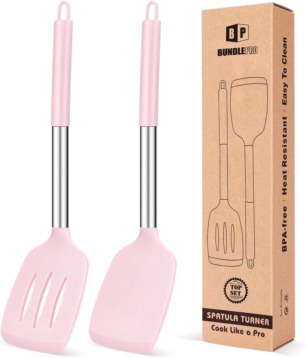 Verpakking van 2 Silicone Solid Turner, Non-Stick Slotted Keuken Spatules, Hoge hittebestendige BPA gratis kookgerei, Ideaal kookgerei voor vis, eieren, pannenkoeken (Roze)