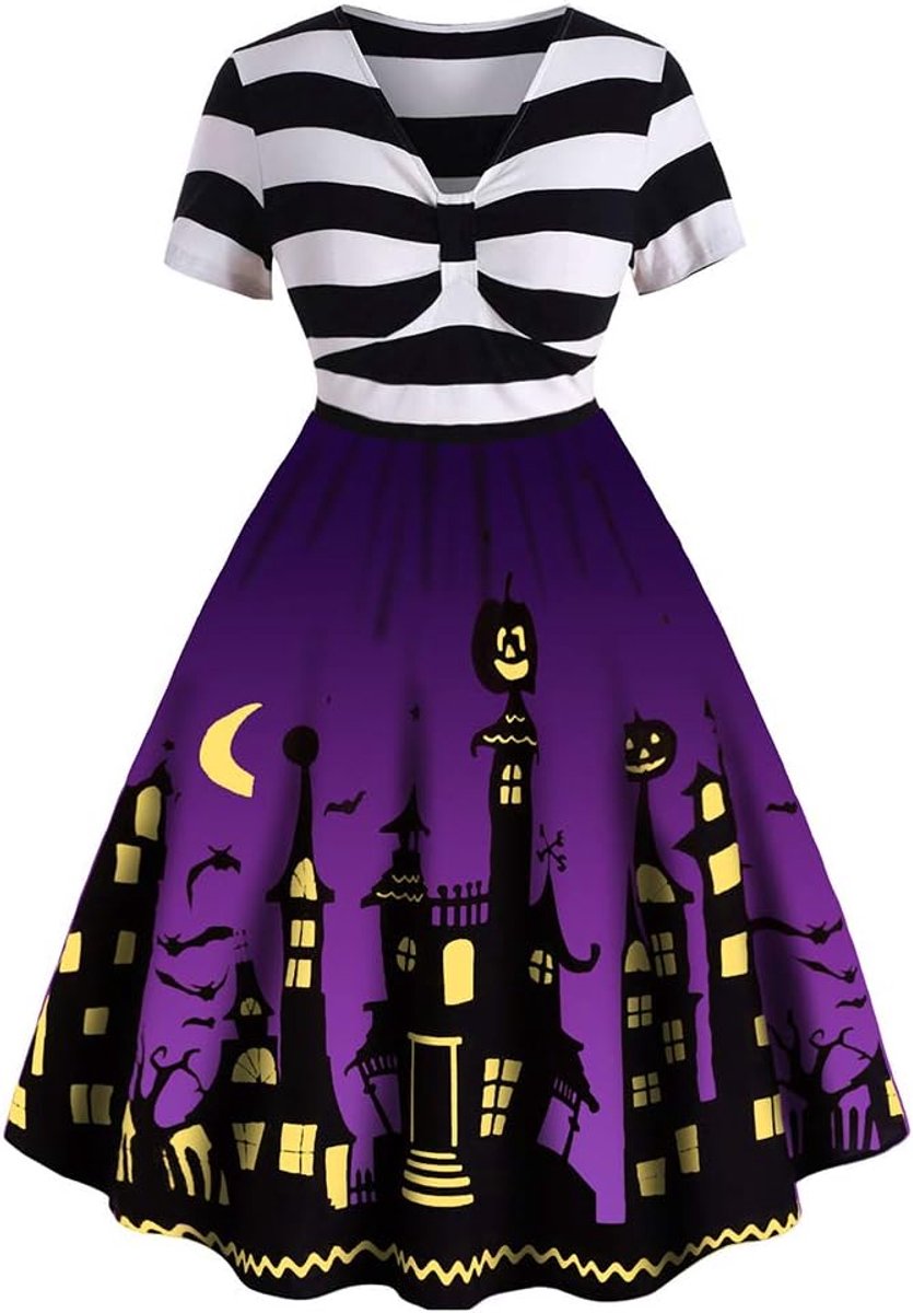 Halloween jurk voor dames, oversized, grappige pompoen, griezelige vleermuis, maanslot, Halloween-kostuum, vintage A-lijn, gestreepte flare-jurk voor vrouwen
