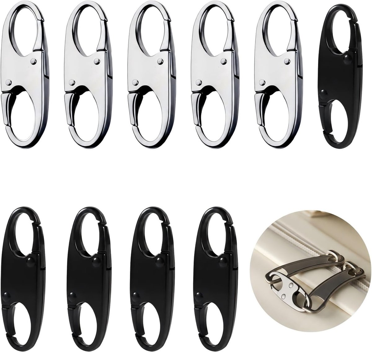 10 Stuks Metalen Ritsclips, Anti-Diefstal Rits Clip Set, Zipper Puller voor Rugzak, Tas, Koffer, Jas, Portemonnee, Reisbagage, Dubbele Rits Beveiliging, Zwart en Zilver, Mini Reisaccessoire Set
