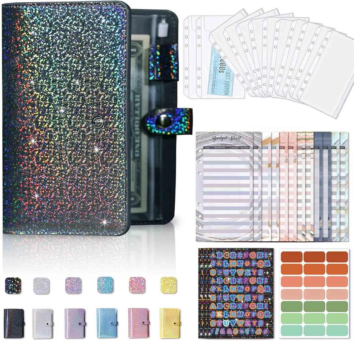 Duits, A6 budgetplanner, met map, organizer, geldbesparende map voor contant geld, 6 ringband, budgetplanner, boek/notitieboek met geldenveloppen, vellen, etiketten, stickers (zwart)