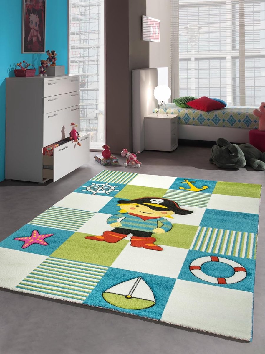 Kindertapijt, spiegeltapijt, piraat, turquoise, blauw, crème