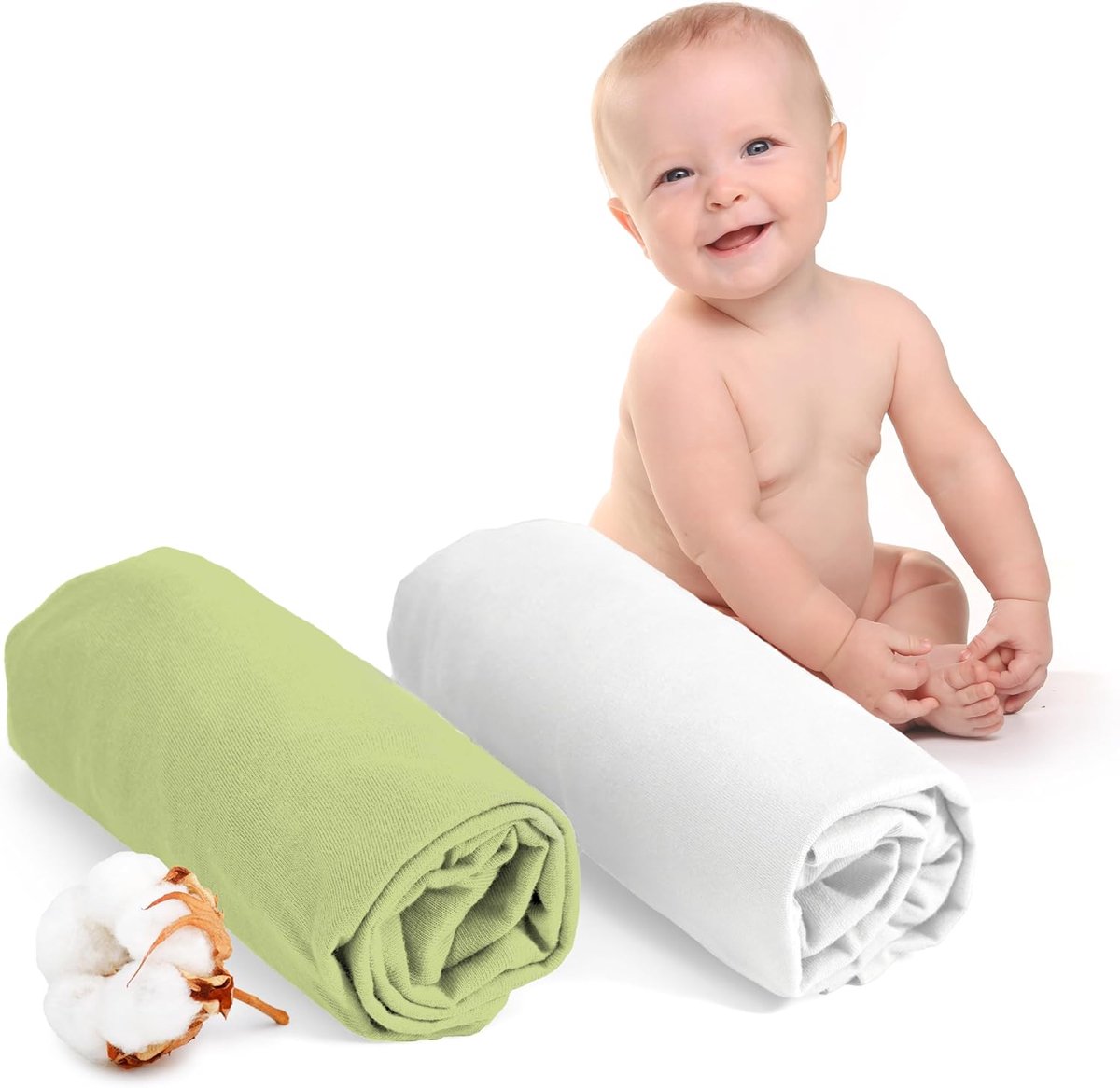 Hoeslaken 70x140 (x2) - 100 procent Oeko Tex Gecertificeerd Katoen - Hoeslaken 70x140 Baby - Wit en Groen