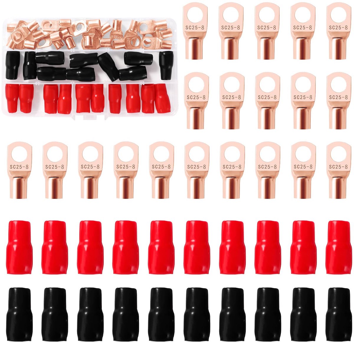 40 Stuks M8 SC25-8 AWG4 Ringklemmen Set, Buisvormige Batterijkabeluiteinden, Batterij Kabel Eind Terminals, met Isolatie Mouwen, voor Elektrische Kabel, Gouden