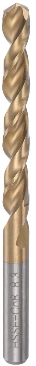 Sourcing map Spiraalboor bit 8,3 mm titanium gecoat (HSS-E) M42 hoge snelheid staal 8% kobalt rechte schacht voor roestvrij staal aluminium legering metaal