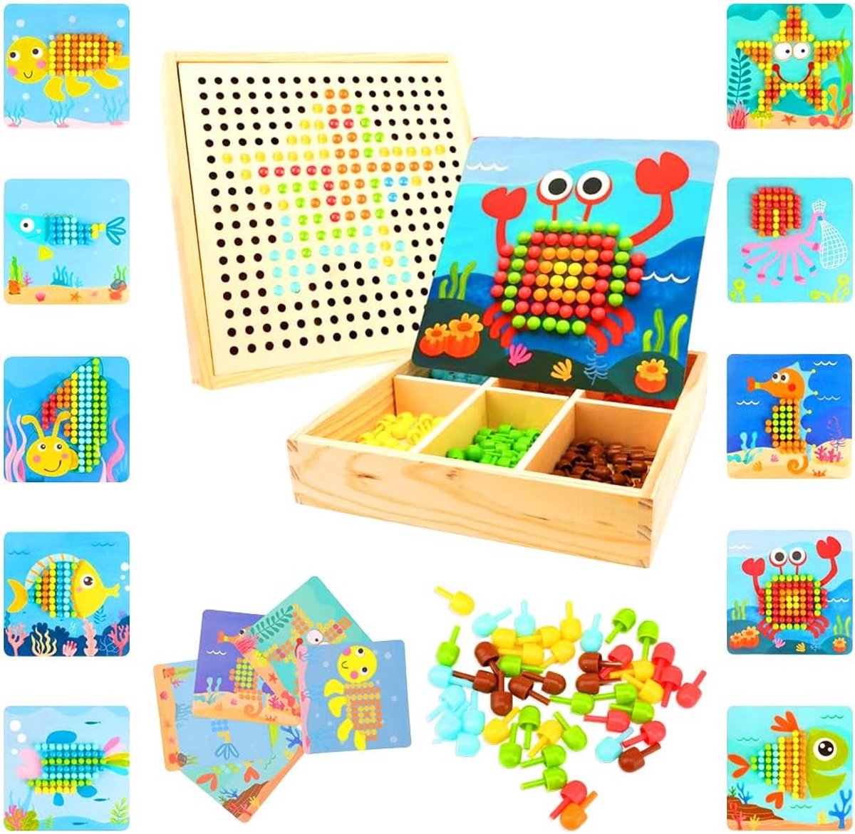 Mozaïek Steekspel, Educatief Steekspel van 2, 3, 4, 5 Jaar, Knutselset Voor Kinderen, Pegboard met 240 Steekkralen, Montessori Speelgoed,Ideaal Cadeau voor Kinderen Jongens Meisjes (Oceaan)