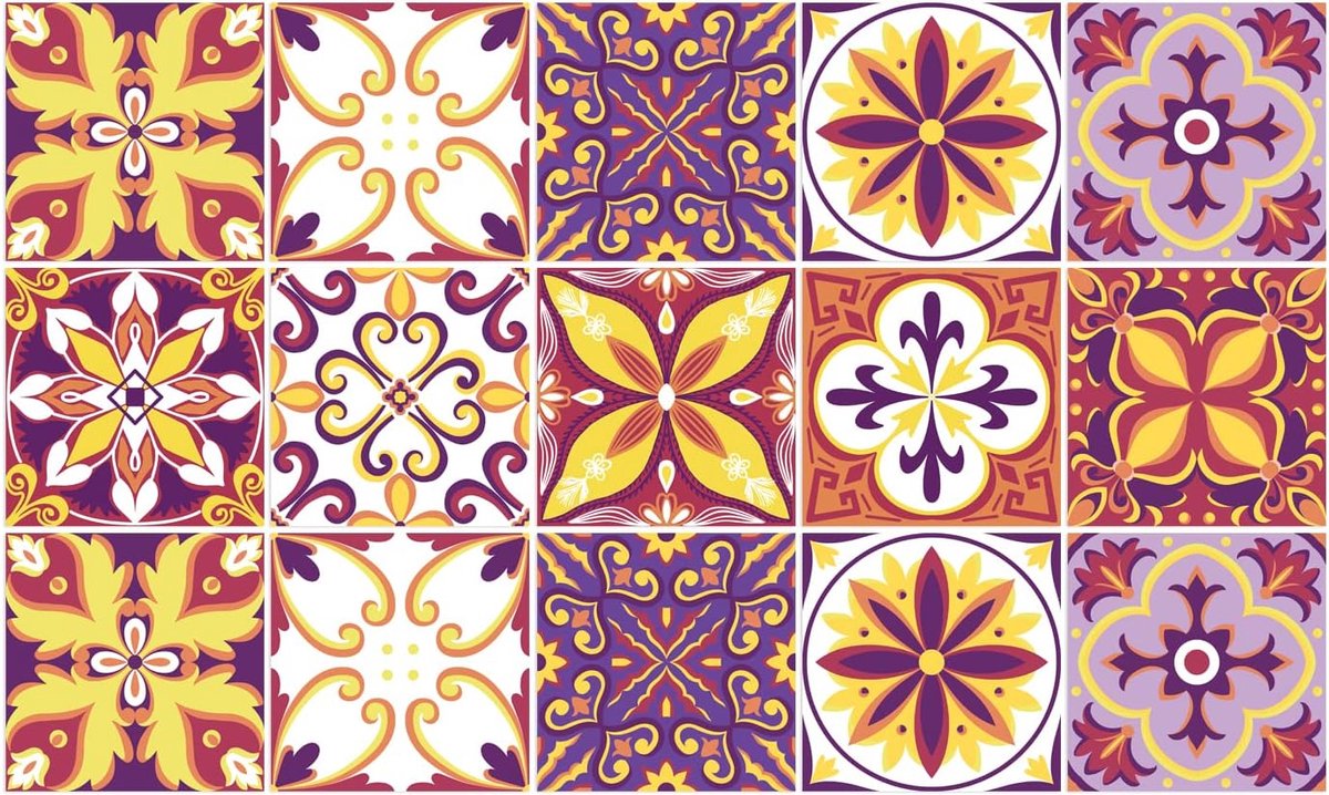 Decoratie Sticker Tegels - Mandala Geel Oranje Paars Lila - 15x15 cm - 15 stuks Zelfklevende Plakfolie Tegelstickers - Achterwand voor de Muur Badkamer - Keuken - Plaktegels Zelfklevend