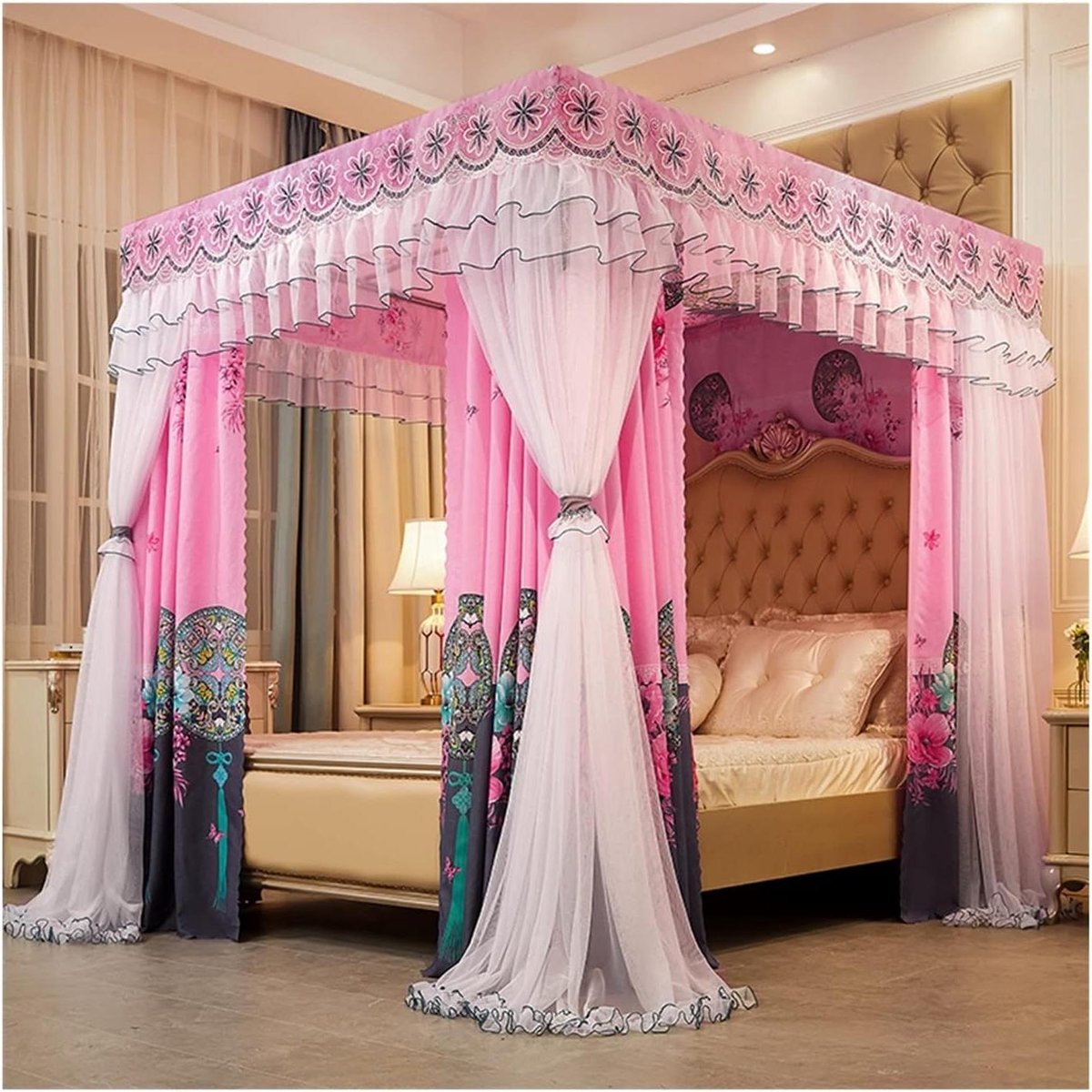 Bed Canopy Dubbel Bed - Bedgordijn Klamboe - Slaapkamer Decoreren - 360 Graden Volledige Omheining - 180x200x200cm - Roze
