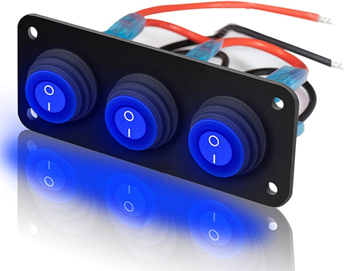 3 Gang Paneel voor Tuimelschakelaar, 15A 12V-24VDC SPST 3Pins 3Positie Aan/Uit Ronde Blauwe Led Tuimelschakelaar voor Auto Lights, Marine Boot, Jacht, Trailer, Camper