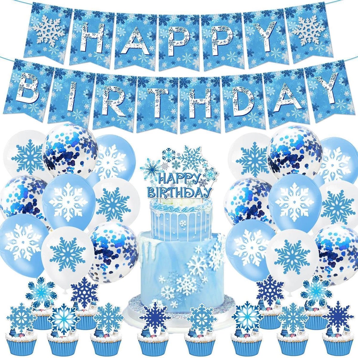 34-delige Frozen-verjaardagsdecoraties, Frozen-verjaardagsfeestjes, verjaardagen, sneeuwvlokken-ballondecoraties, sneeuwvlokken-taartdecoraties