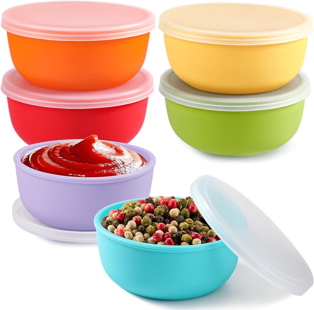 webake set van 6 kleine kommen met deksel, siliconen, 118 ml, Pinch Bowls Set, mueslikommen met deksel, sauskommen, snackkommen voor snacks, dessert, dips en sauzen