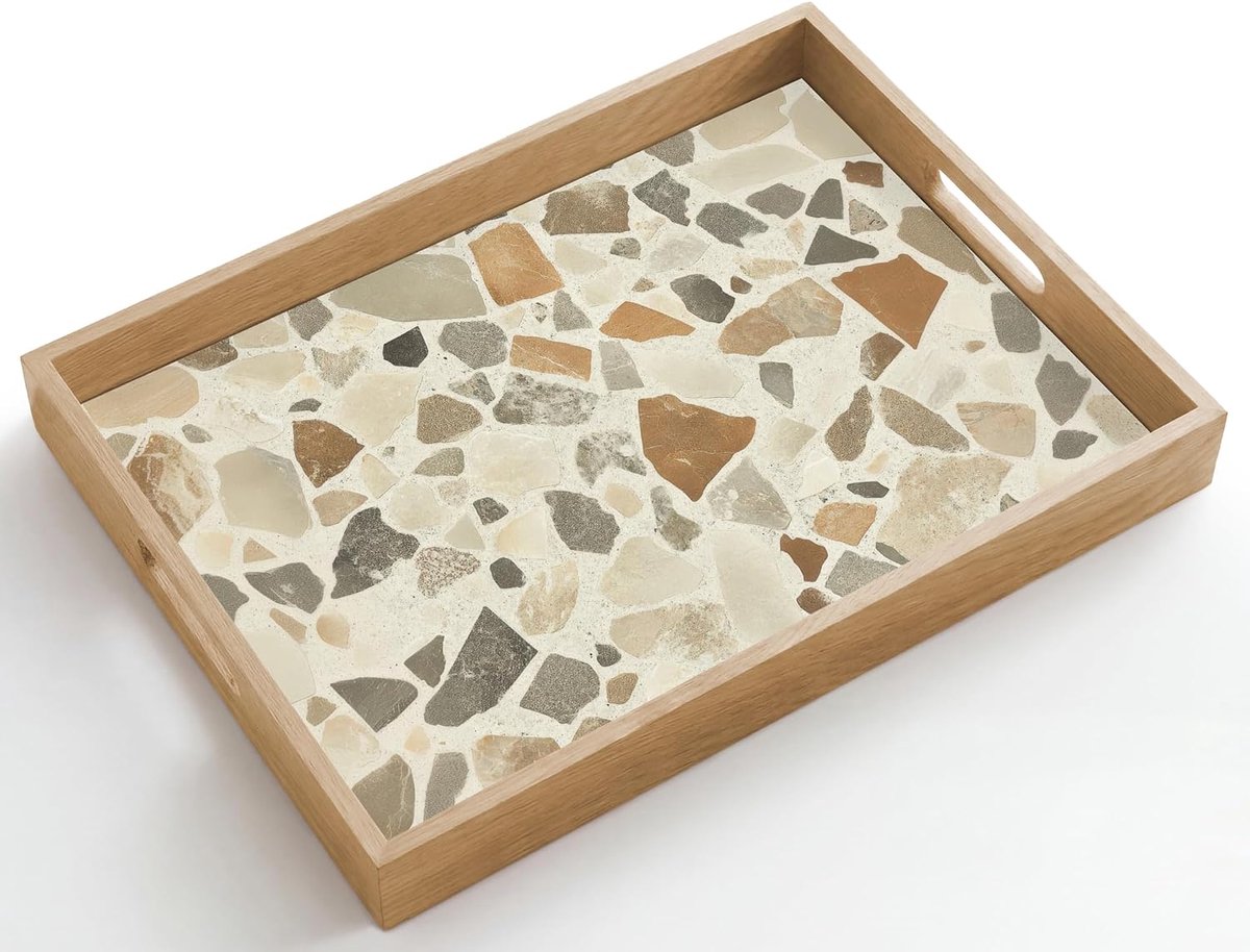 Dienblad Rechthoekig 50x35 cm Houten Serveerblad Met Handgrepen Eikenhout Krasbestendig Hittebestendig Ontbijt Tray Koffie Eten Stenen - Terrazzo - Decoratie - Tegels
