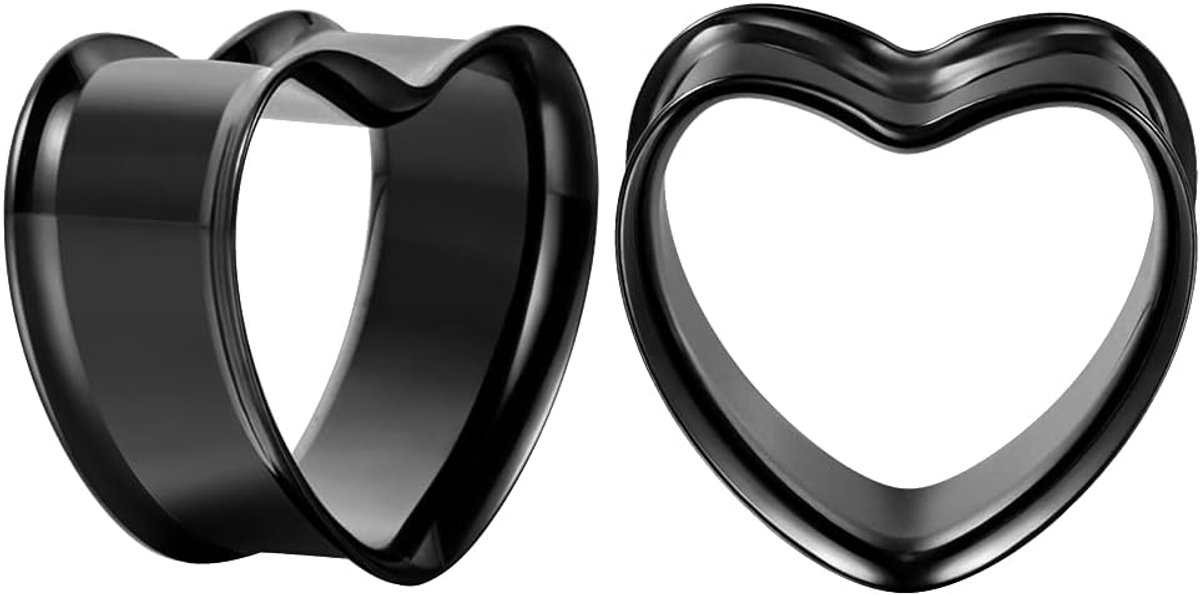 1 paar roestvrijstalen manometers voor de oren, hartvormig, oortunnels, 8 mm tot 25 mm.