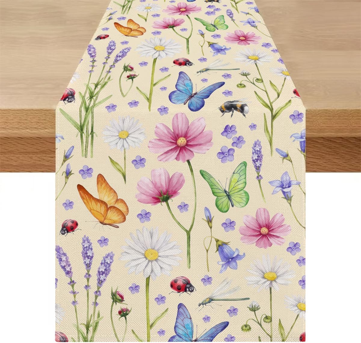 Tafelloper, modern, lente, zomer, 40 x 100 cm, afwasbaar, landelijke stijl, linnen, tafelloper, planten, bloemen, tafelkleed, decoratie, natuur, keuken, eettafel, decoratie voor woonkamer, buiten