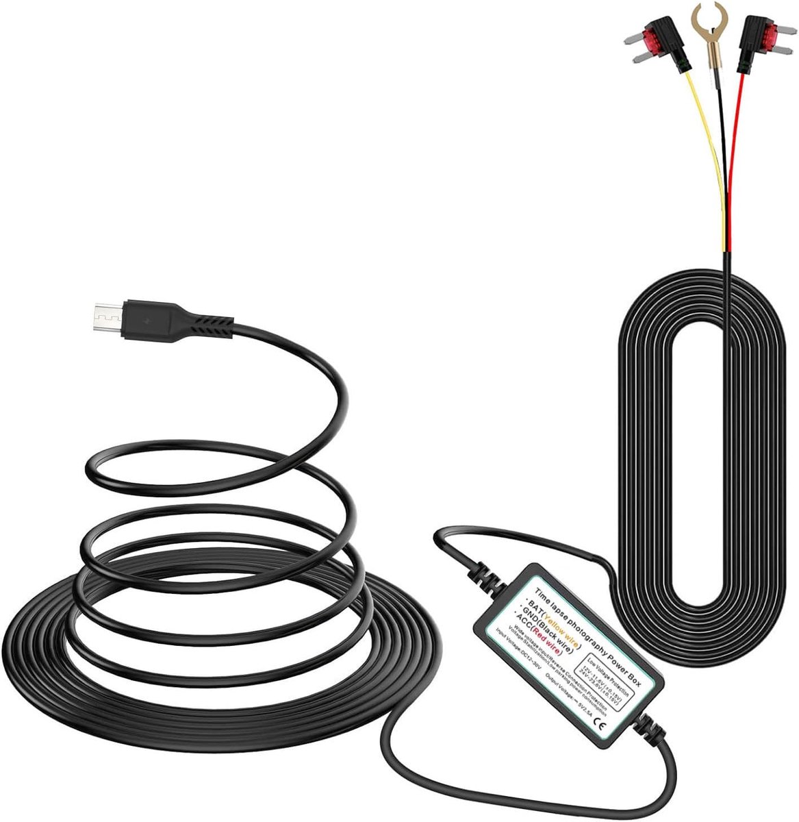 Micro USB Dash Cam Hardwire Kit voor time-lapse-opname/24 uur parkeermonitor Converteert 12 V-24 V naar 5 V/2,5 A Auto Dash Camera-oplader 320 cm kabelset met laagspanningsbeveiliging