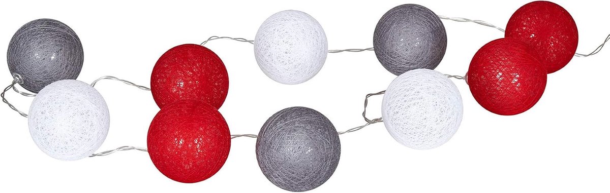 levandeo Lichtsnoer met 10 ledbollen, lampions, katoen, rood, grijs, wit, katoenen slinger, decoratie, katoenen ballen