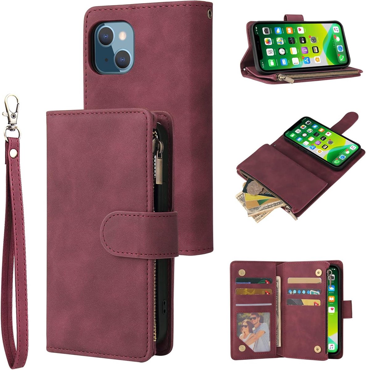Portemonnee-hoesje voor iPhone 13 6.1, premium vintage PU-lederen magnetische handtas met rits en kickstand, kaartsleuven en polsband, schokbestendige TPU-flipcover - Wijnrood