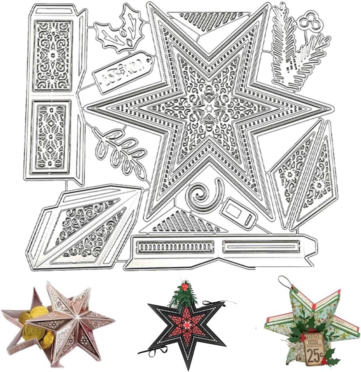 Stars Stanssjablonen, metaal, kerststanssjablonen, metalen reliëfsjablonen, sterstanssjablonen, groot, kerststanssjablonen, geschenkdoos, voor doe-het-zelf 3D Kerstmis, cadeau