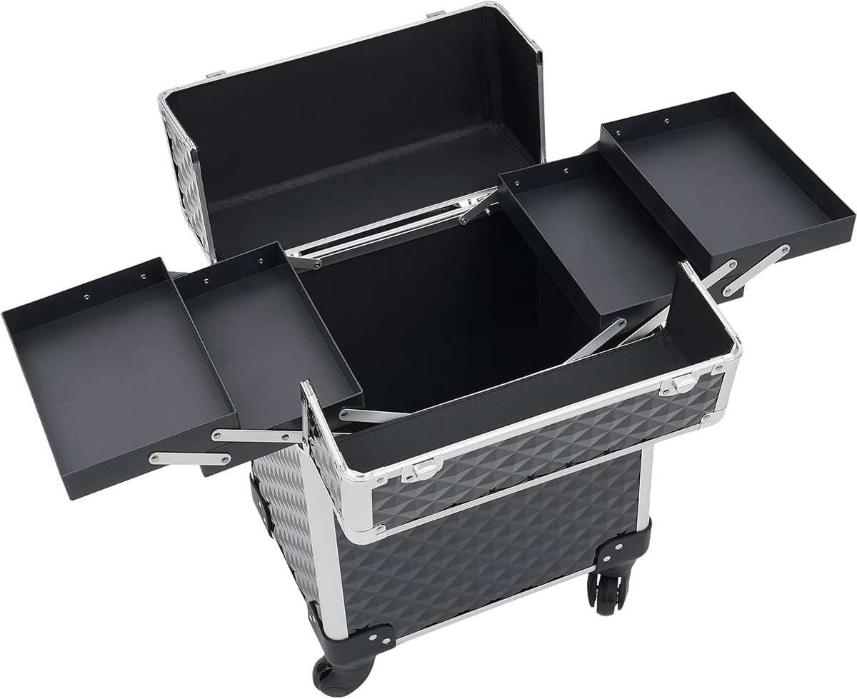 Aluminium cosmeticakoffer, trolley, 34 × 24 × 41 cm, vloerstand, cosmeticakoffer, trolley met 2 sleutels en ergonomische handgreep, voor visagisten, kappers, schoonheidsspecialisten