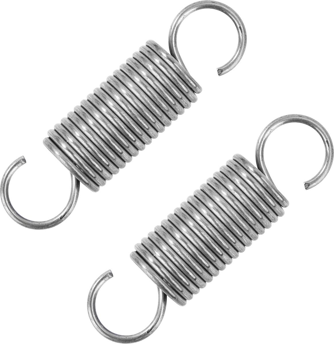 65 mm spanveren met haken, veren van roestvrij staal, draaddiameter 2 mm, buitendiameter 18 mm, kracht 8,3 kg, 2 stuks