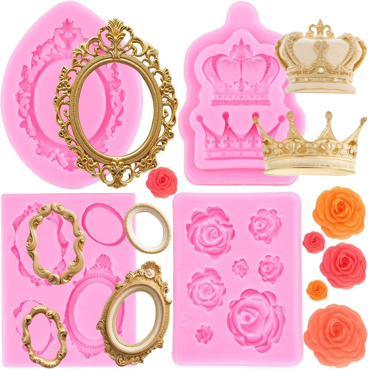 Frame cupcake fondant mal kroon roos bloem mal barokke stijl fondant siliconen mallen foto frame siliconen mal voor taart decoratie tandvlees pasta polymeer klei set van 4