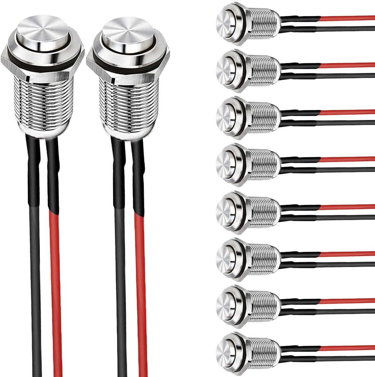 10 stuks 12 mm waterdichte drukknopschakelaar, metalen drukknopschakelaar, roestvrij staal, 12 V momentane drukschakelaar, voor toeters, bel, automatische ronde mini-drukknop (uitsteekbaar)