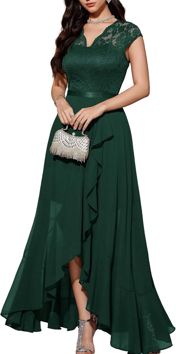 Elegante avondjurk voor bruiloften, kanten jurk, chiffon, Hi-Lo jurk, bruidsmeisjesjurk, vokuhila, feestjurk, lange baljurk, strandjurk
