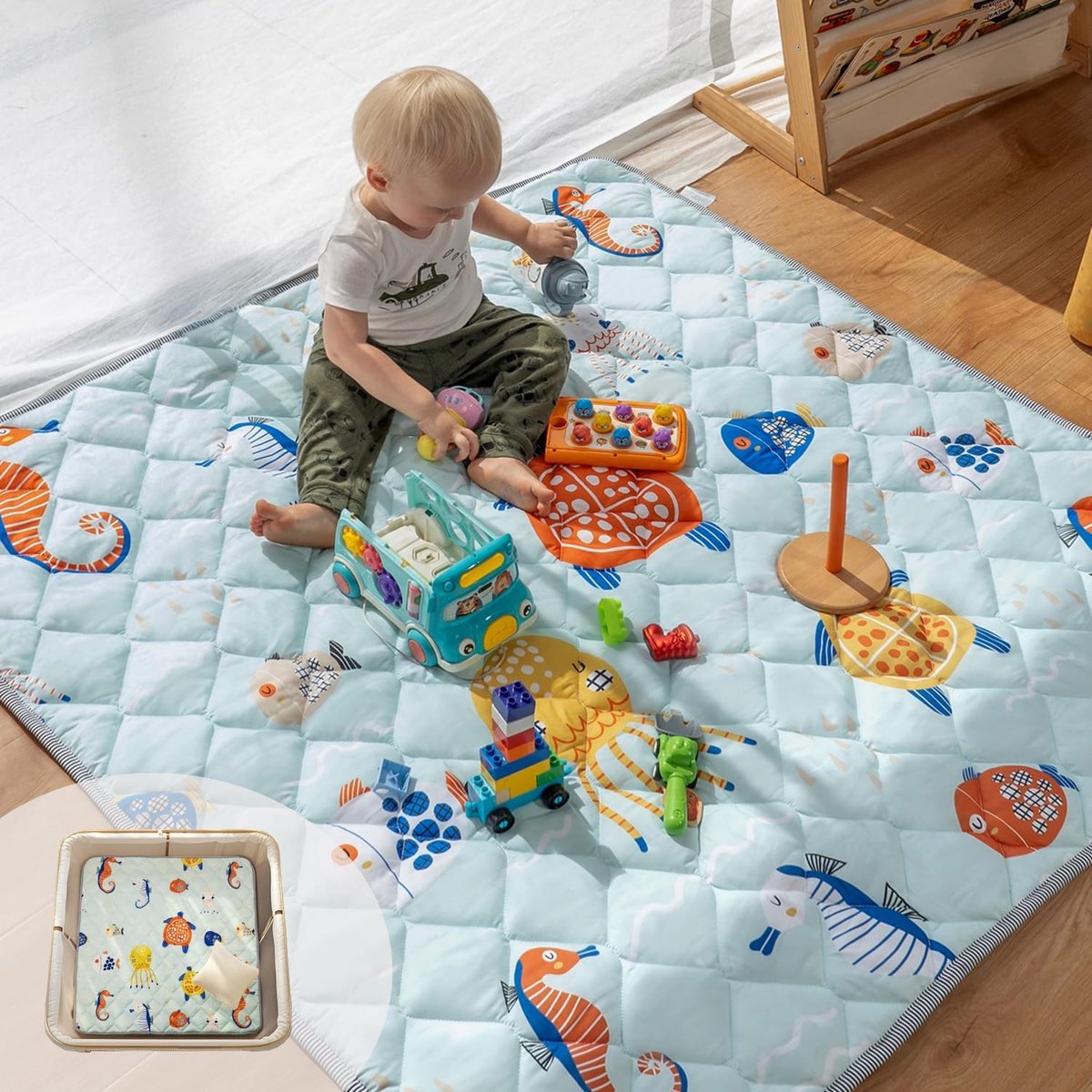 Opvouwbare Baby Speelmat – Extra Dik en Zacht, Antislip, 127×127 cm, Machinewasbaar, Geurvrij, Ideaal voor Box en Vloer, Maritieme Wonderen