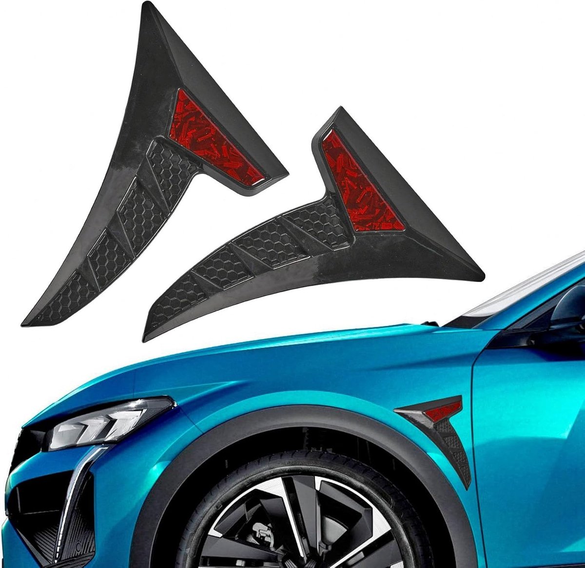 Luchtinlaten spatbord met forged carbon honingraatmotieven, luchtinlaat zijvleugels spatbord decoratieve stickers zijkanten, universeel, auto wielkast sierlijsten sticker