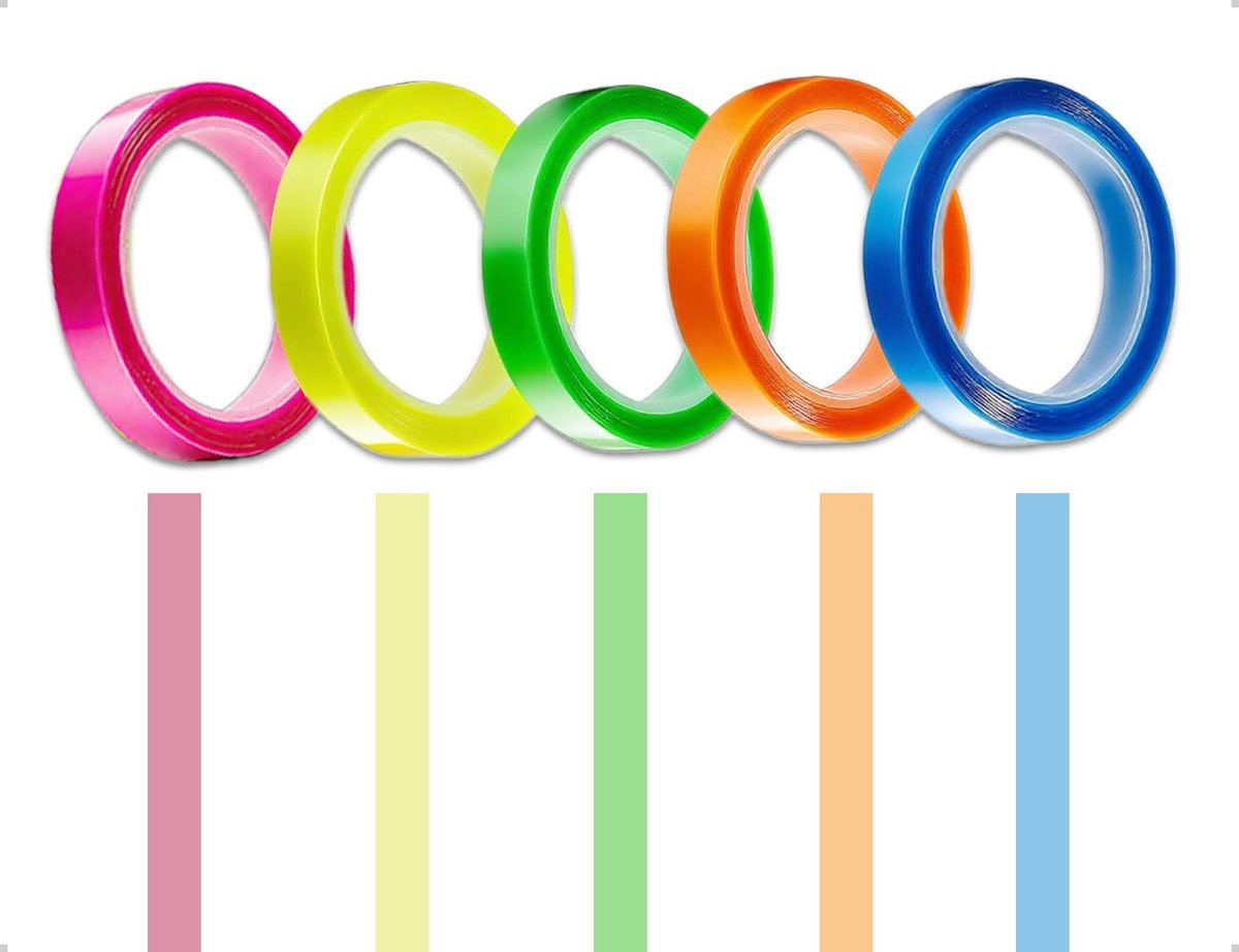Markeerstiften fluorescerend 5 rollen - zelfklevend plakband - handige formaten - ideaal voor leraren en kantoor - SnelShoppen