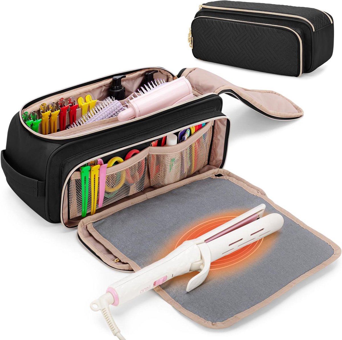 Cosmetische tas - Reistas haarstyling Make-uptas - Haarstyling organiseren - Hittebestendige mat - N.v.t. - Zwart