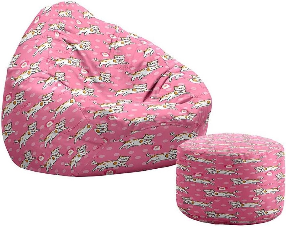 Zitzak met Voetenbank - Zetelhoes Poef - Ontspannen Zitten - Ademende Polyester Stof - 70x80+20x30cm - Roze Kat