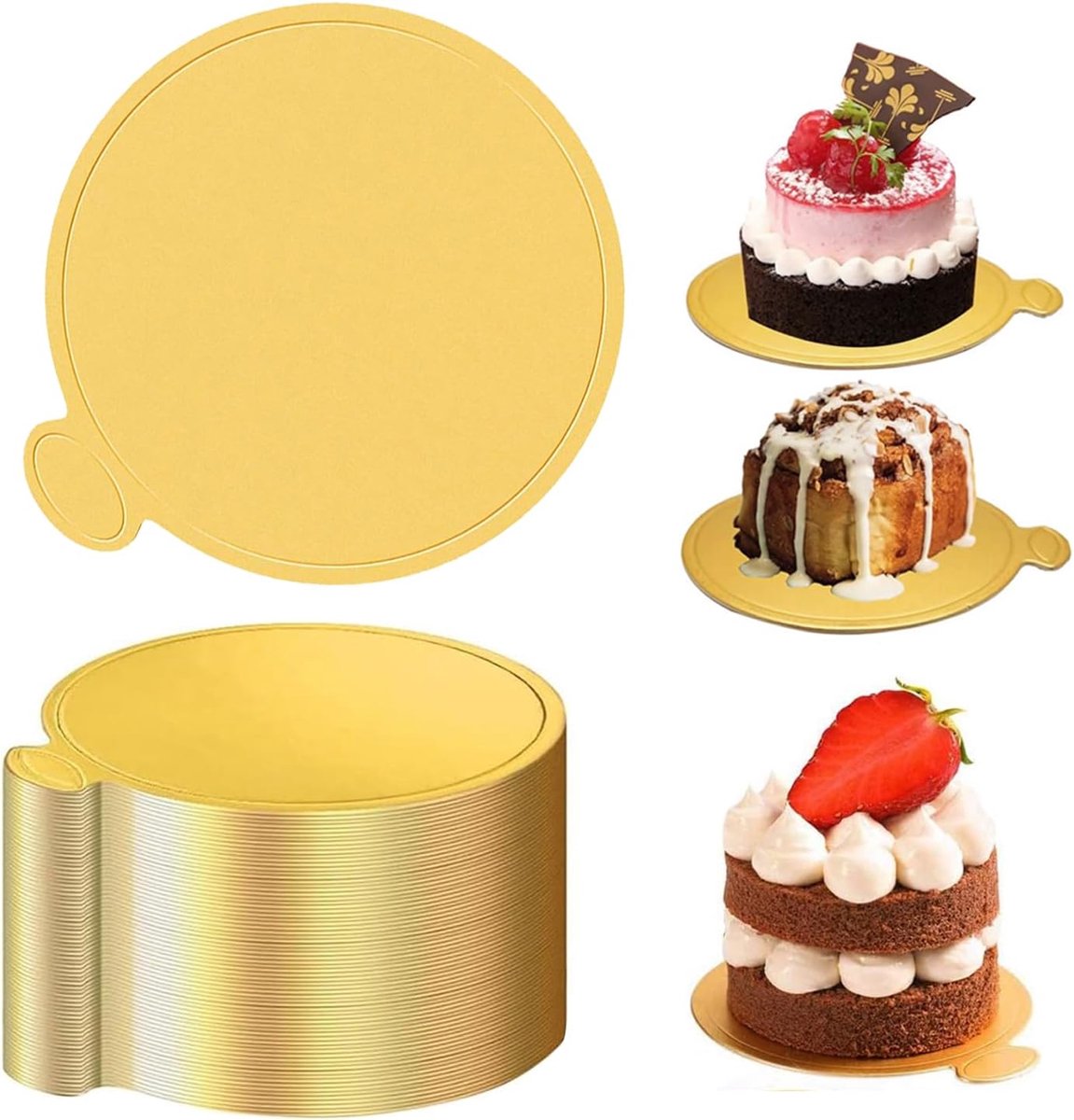 Mini mousse cake pads 8cm rond - goud papier - met handvat - ideaal voor dessertpresentatie - SnelShoppen