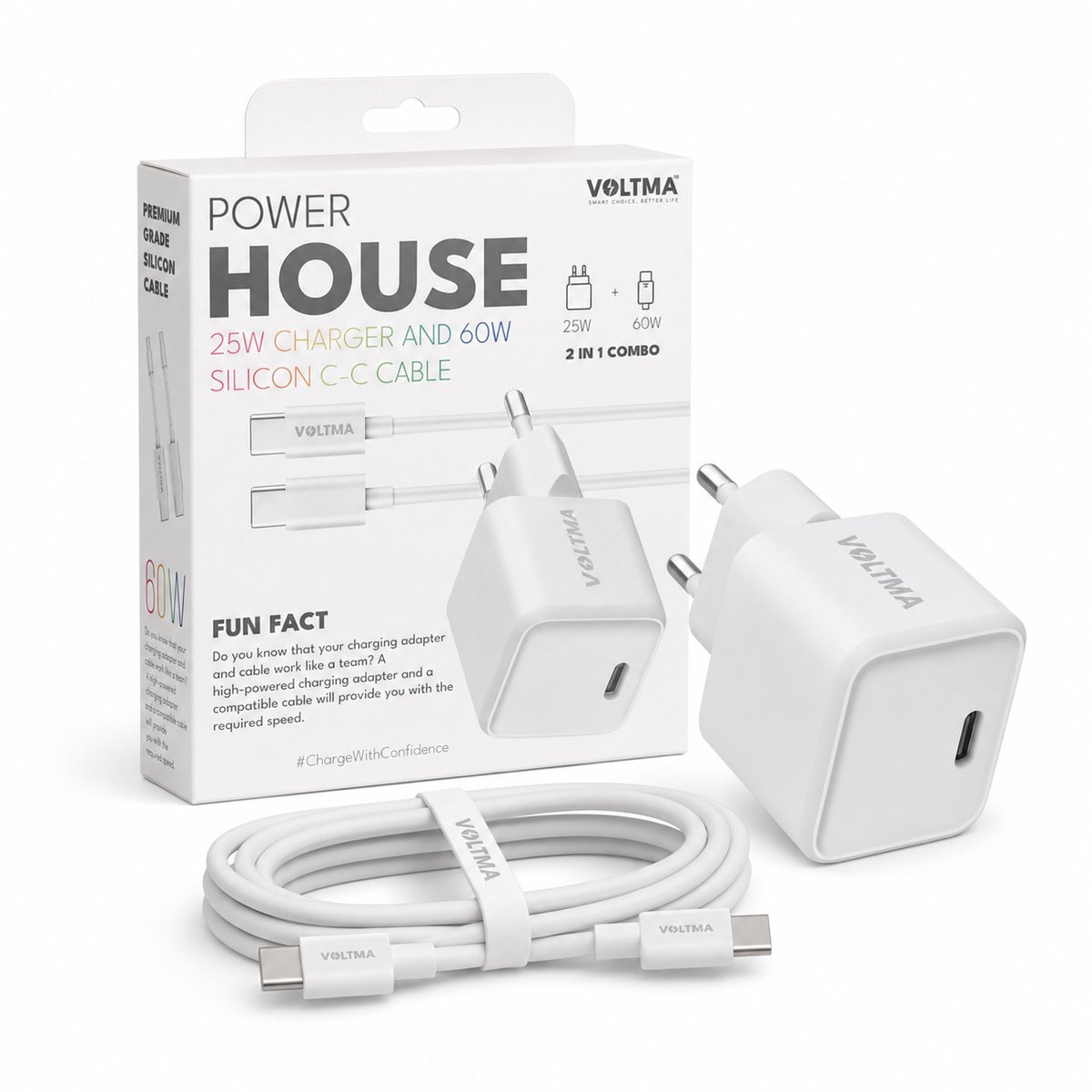 VOLTMA 25S60CC 25W USB-C GaN Oplader met 60W USB-C naar USB-C Siliconen Kabel – PPS Snellader – 2-in-1 Oplaadset – Wit
